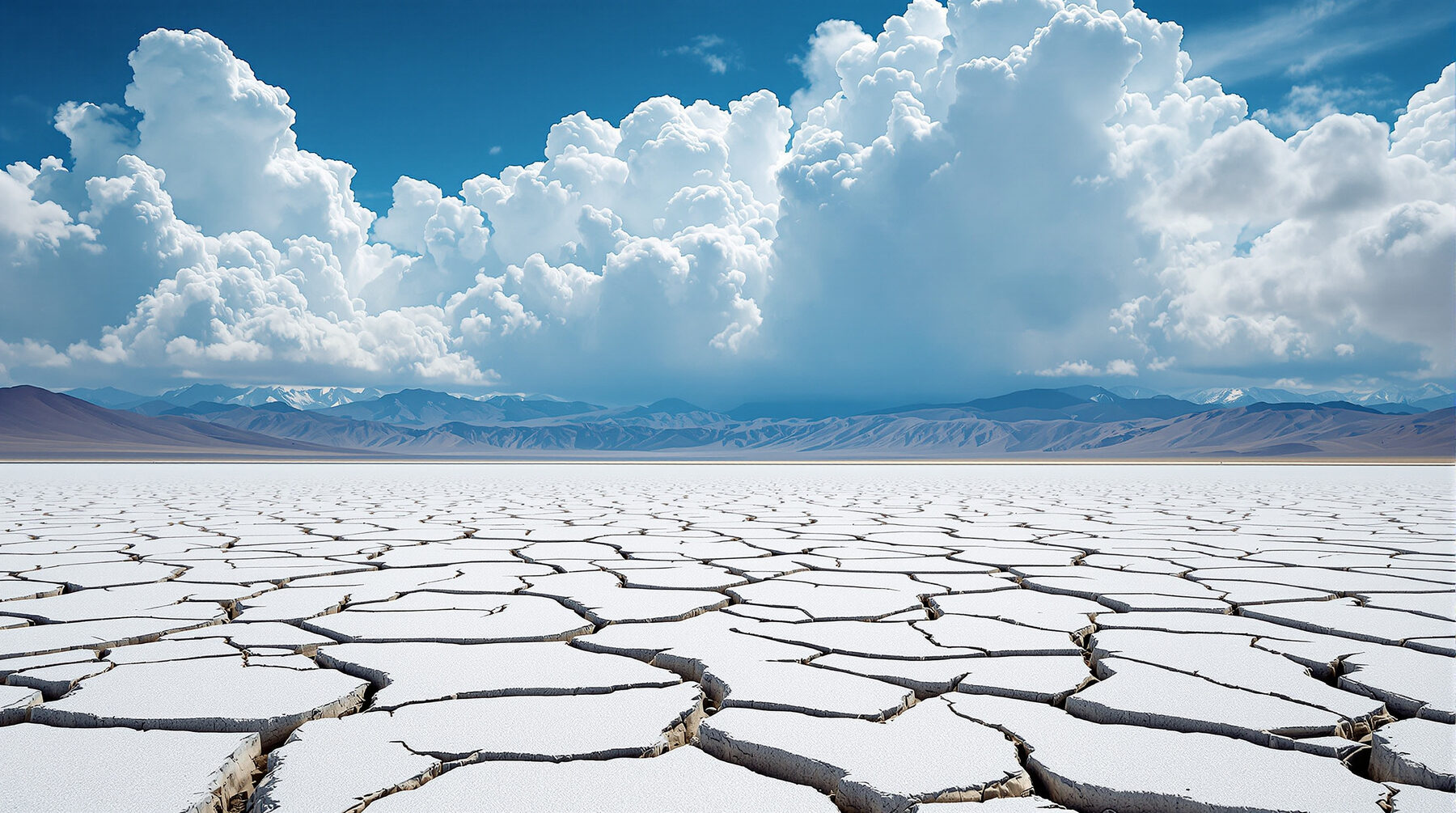 Cracked dry lakebed under towering clouds