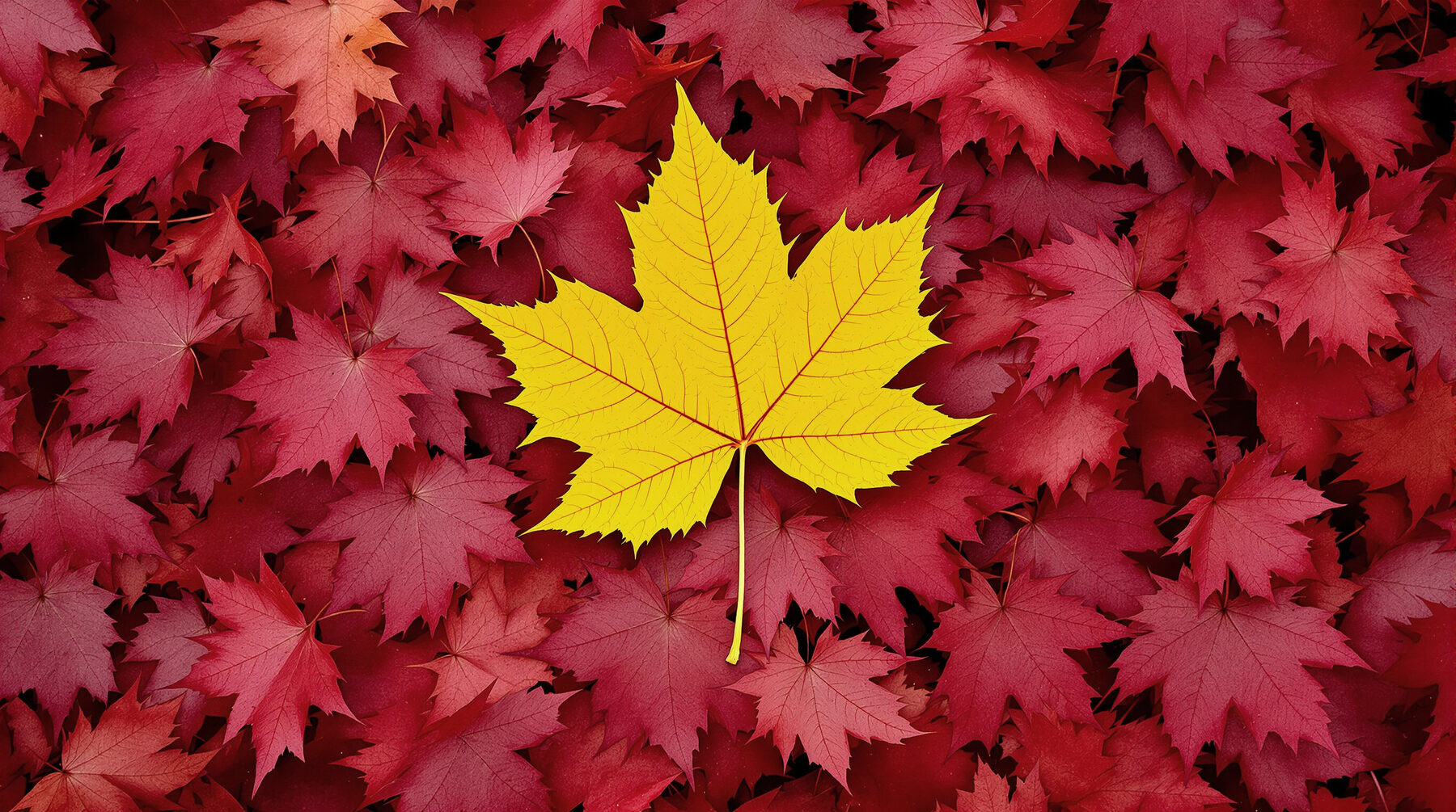 A yellow maple leaf on red autumn leaves