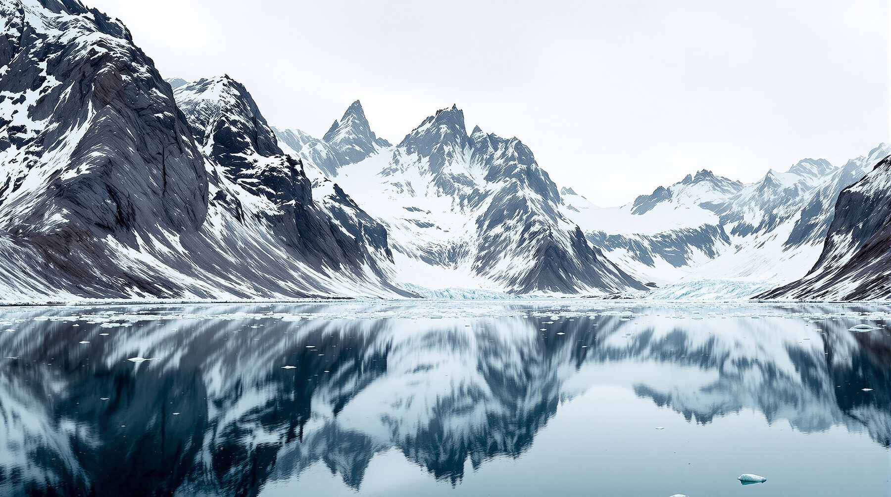 Snow-covered peaks reflected in a glacial bay